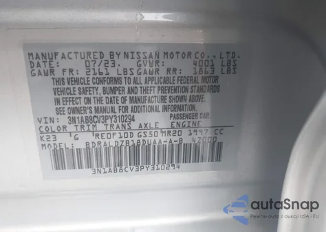 2023 Nissan Sentra Sv Xtronic Cvt z USA, uszkodzony, nr VIN 3N1AB8CV3PY310294